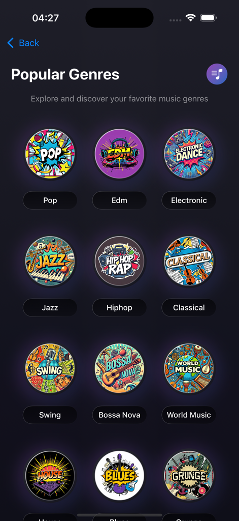 Vidmate AI app popular music genres discovery screen featuring pop edm and jazz