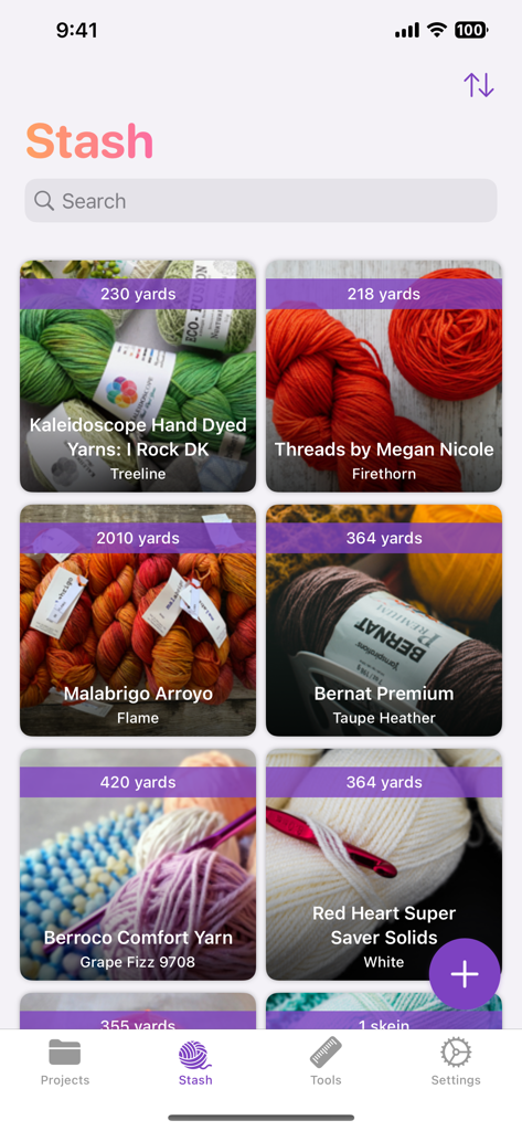 Digital yarn stash inventory screen in the YarnBuddy app showing various yarn brands and yardage