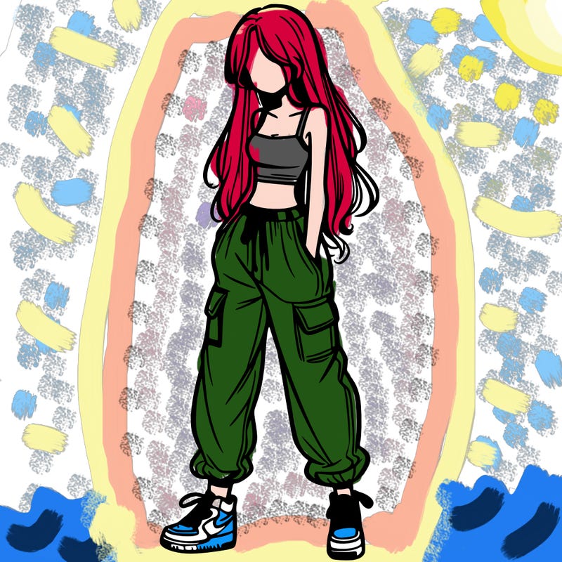 girl in baggy pants crop top and long hair