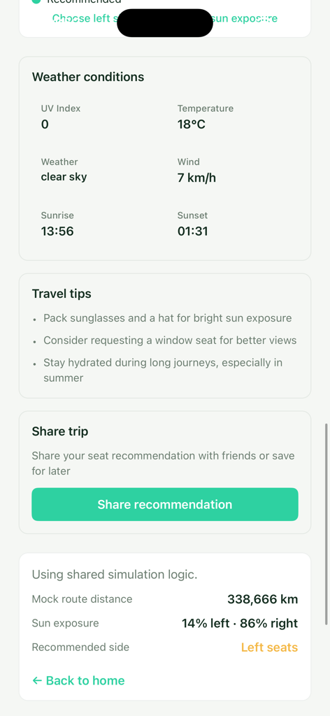 Interfaz de la aplicación Shady Way que muestra condiciones climáticas, consejos de viaje y el lado del asiento del autobús recomendado según la exposición al sol.