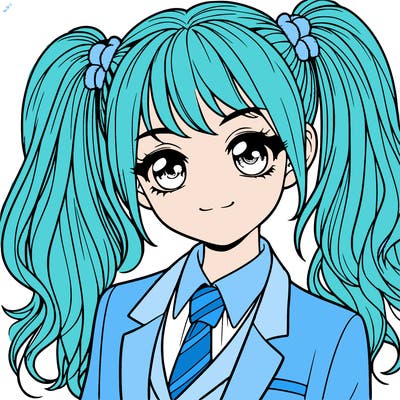 realistic girl with two ponytails and a suit on