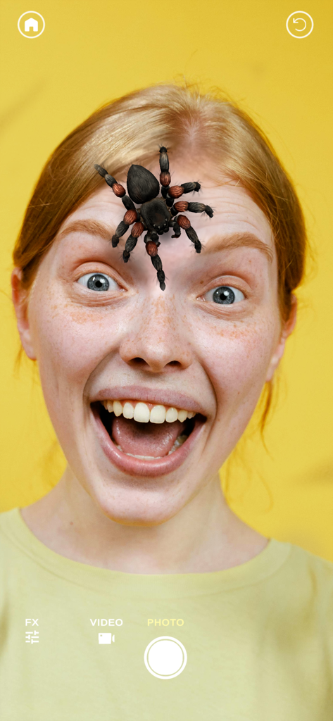 Eine Frau mit einer realistischen Augmented-Reality-Spinne auf der Stirn, die mit geschocktem Gesichtsausdruck reagiert