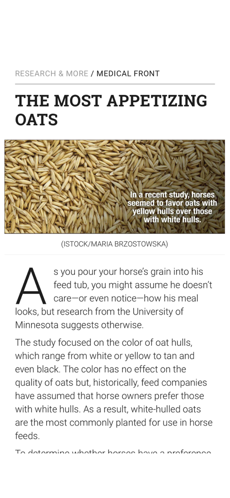 Screenshot of an EQUUS Magazine article titled THE MOST APPETIZING OATS about horse nutrition research