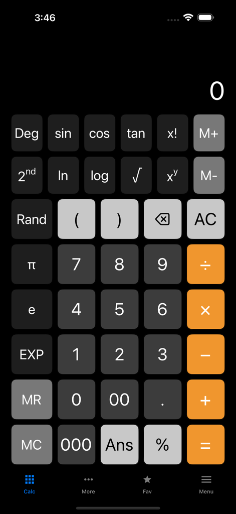 Scientific calculator interface of the OneCalc app showing advanced math functions and a dark theme