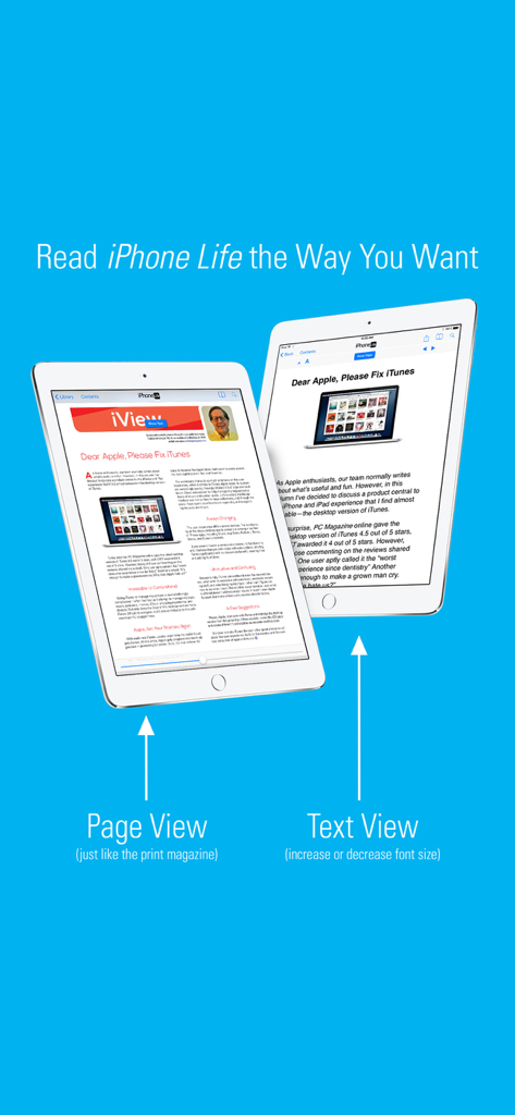 iPhone Life app on iPad displaying page view and text view options