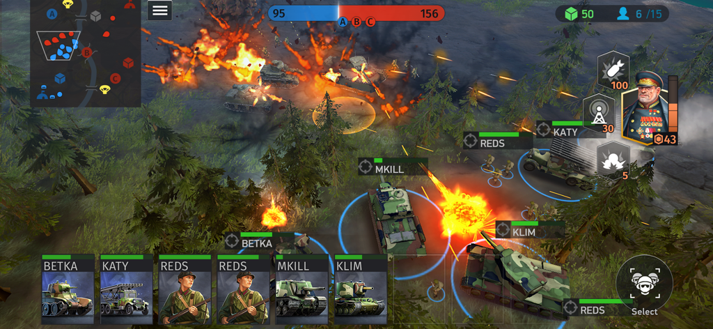 World War Armies: WW2 PvP RTS - Strategic tank battle and explosions in a forest during a World War Armies PvP match