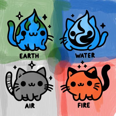 4 cats that represent the different elements, earth, water, air, and fire