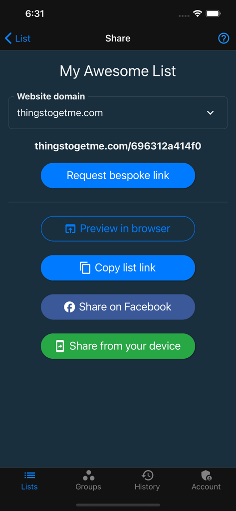 Things To Get Me - Interface of the Things To Get Me app showing options to share a gift list via unique link or social media.