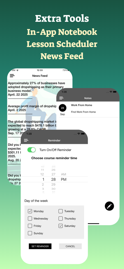 Dropshipping Full Course - Interface of the Dropshipping Full Course app showing its extra tools like lesson scheduler news feed and notes