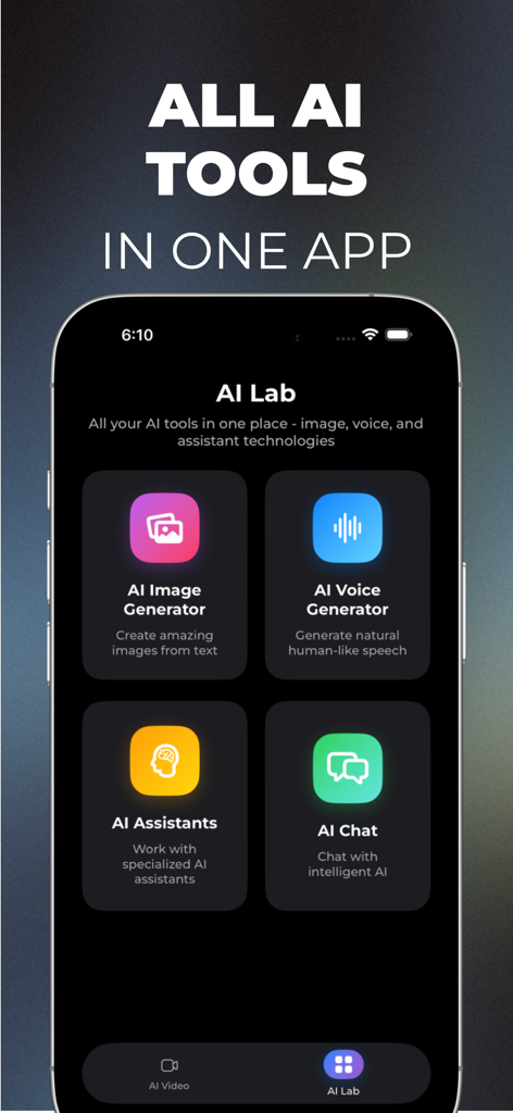 AI Video Generator Astoria - Pantalla de la aplicación Astoria AI mostrando el Laboratorio de IA con herramientas para generación de imágenes, síntesis de voz y chat de IA