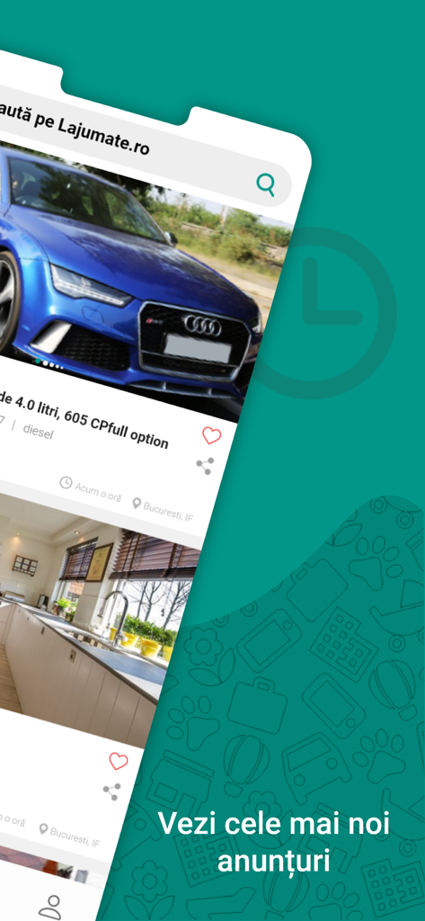 Lajumate.ro - Anunturi Romania - Interface de l'application Lajumate.ro montrant des annonces classées pour voitures et immobilier en Roumanie