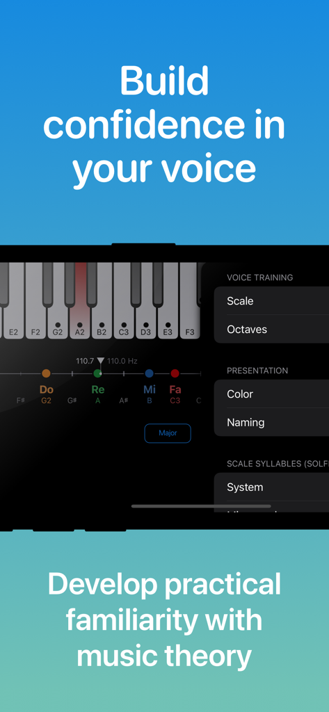 Sing Scales - Interfaz de la aplicación Sing Scales que muestra un teclado de piano y sílabas de solfeo para práctica vocal