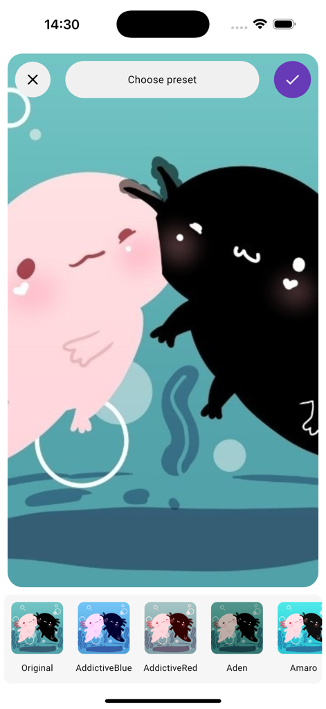 A customization screen showing filter presets for a cute pink and black axolotl wallpaper