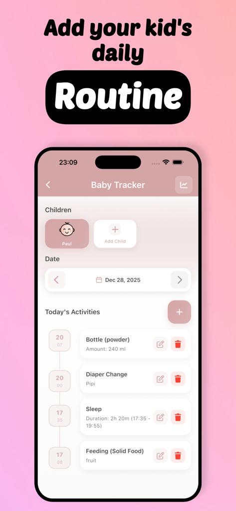 A screenshot of My Avocado Baby Tracker app showing daily activity logs for feeding sleep and diaper changes