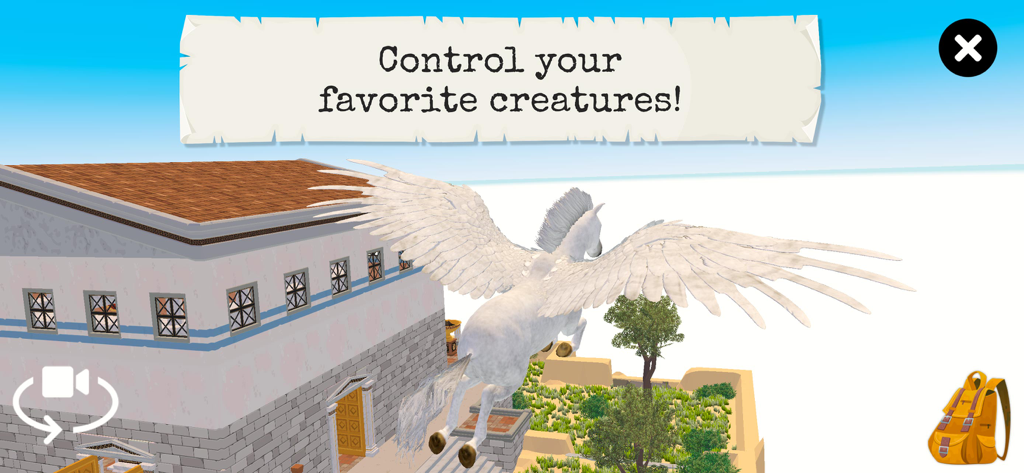 Myths & Legends (Full Version) - Um pégaso branco alado voando sobre um templo antigo no jogo Mitos e Lendas