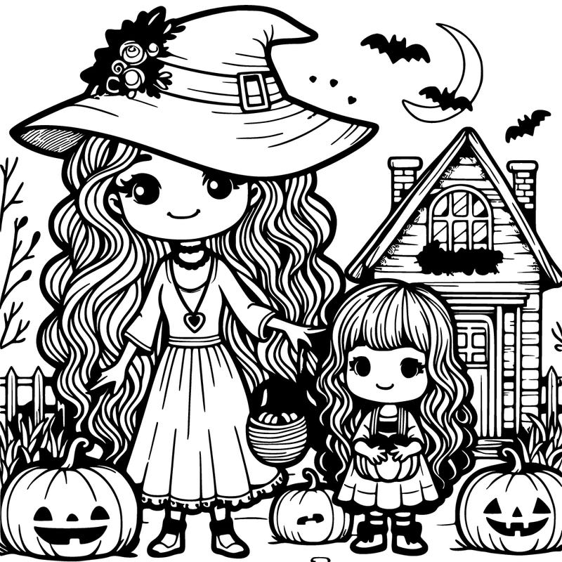 mother witch with curly hair and daughter with long straight hair with bangs. cottage and pumpkins in the background.