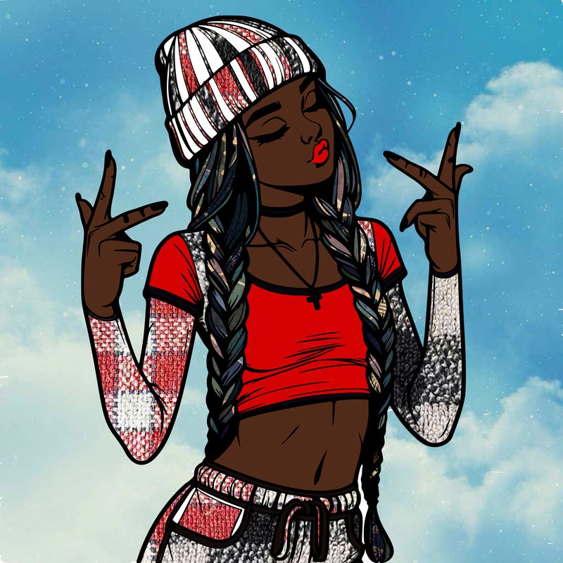 realistic teenage girl with braids and a beanie and crop top doing 🫶🏼