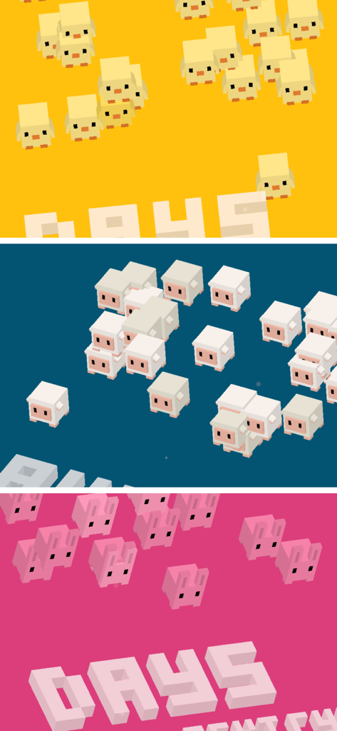 期間トラッキングのための、かわいいボクセルスタイルの動物キャラクターが異なる色で表示された3つのミニマルなアプリアイコン。