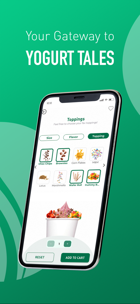 Stories Coffee Shop - Una pantalla de aplicación móvil que muestra opciones para personalizar yogur helado con varios toppings como chispas de chocolate y brownies.