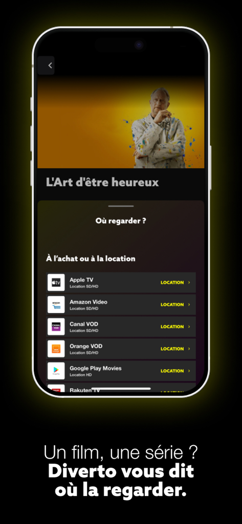 Diverto Programme TV Streaming - Interface de l'application Diverto montrant diverses plateformes où un film est disponible en streaming ou à la location