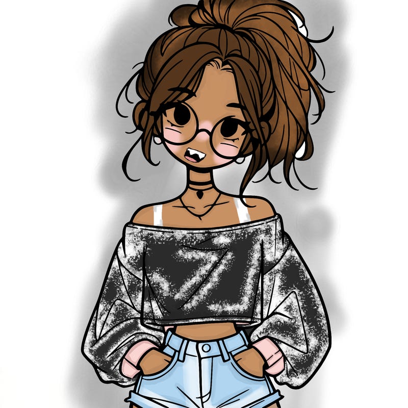 girl with a messy ponytail glasses a baggy crop top and jean shorts