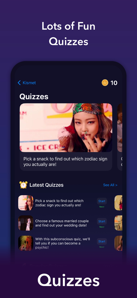 Kismet app screen featuring fun personality and zodiac quizzes