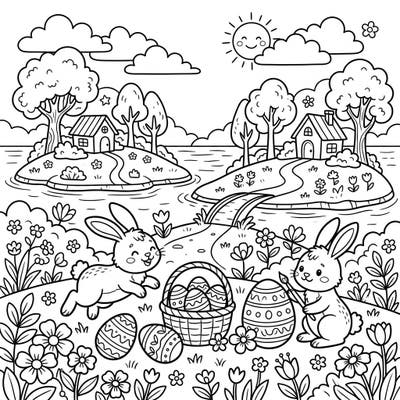 Dive into a delightful Easter scene featuring adorable bunnies, beautifully decorated eggs, and serene island landscapes. This charming coloring page is perfect for celebrating the season with creativity and joy.