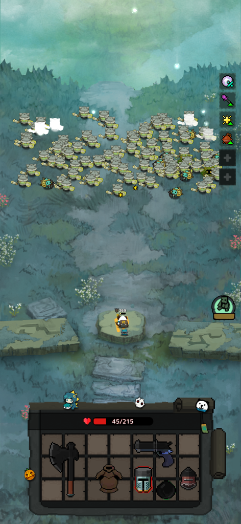 Pompo: Backpack Heroes - Gameplay of Pompo Backpack Heroes showing an army of enemies and the inventory management system