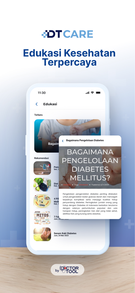 DT Care - DoctorTool Mobile - DT Care app screenshot of health education articles showing diabetes management information