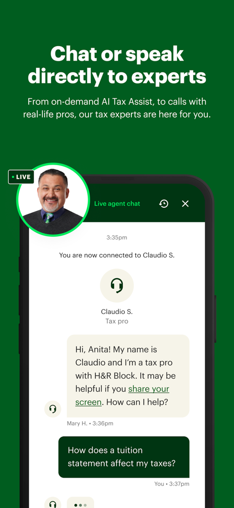 A mobile interface from the H&R Block Tax Prep app showing a live chat session between a user and a professional tax expert.
