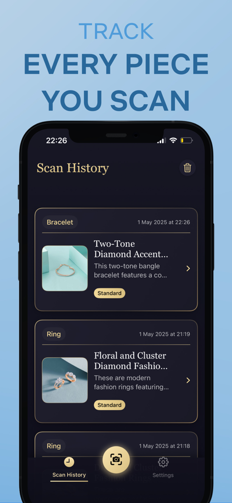 Jewelry Identifier: Appraisal - Uma tela de aplicativo móvel mostrando uma lista de itens de joalheria escaneados, incluindo uma pulseira e um anel de diamante com suas datas e descrições de escaneamento.