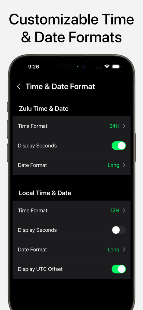Screenshot of the Zulu Time Now app settings for customizing Zulu and local time and date formats