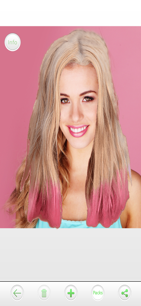 Woman testing a long blonde hairstyle with pink ends using the virtual hair editor