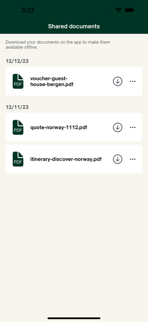 List of shared travel documents and itineraries in the Evaneos app