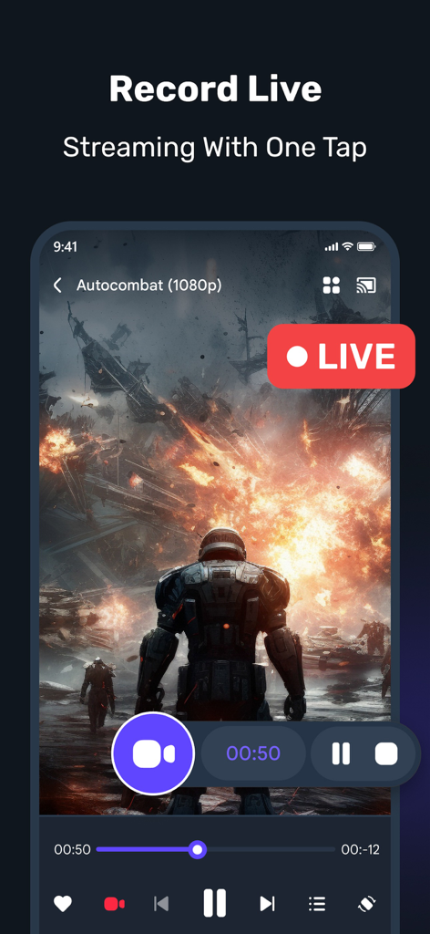 iPTV Smarters - Watch Live TV - Mobile app interface for recording live TV streams with one tap.
