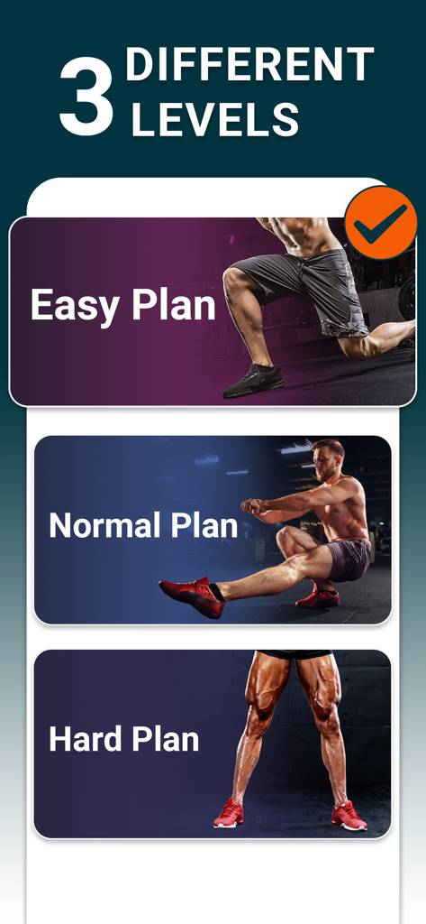 男性向けレッグワークアウトの3つの難易度（イージー、ノーマル、ハード）を示すインターフェース