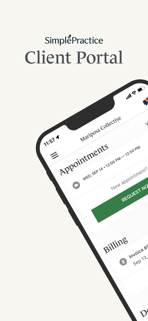 SimplePractice Client Portal - The SimplePractice Client Portal app interface showing an upcoming appointment and billing summary on an iPhone.