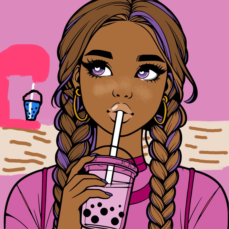 realistic girl with braided hair drinking boba