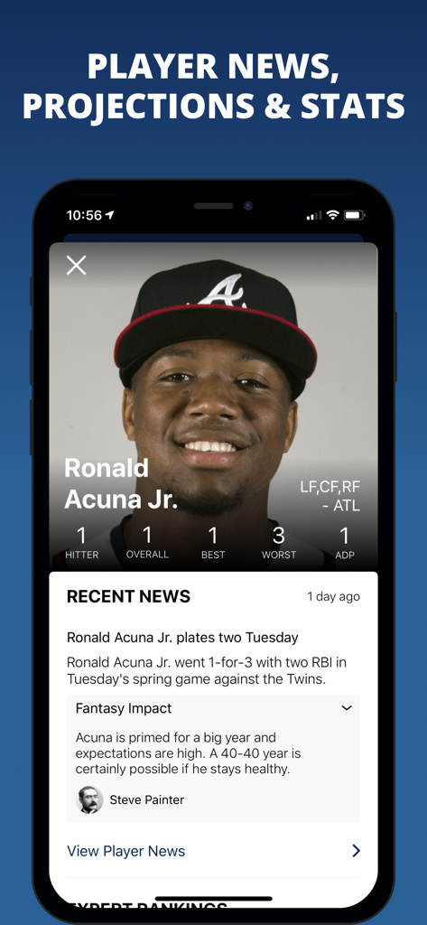 Interface do aplicativo Fantasy Baseball Draft Wizard mostrando perfil do jogador, rankings e notícias recentes de Ronald Acuña Jr.