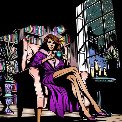 woman sitting in an overstuffed chair in a home library.   she is drinking tea next to a window.  there are bookshelves,  plants, candles