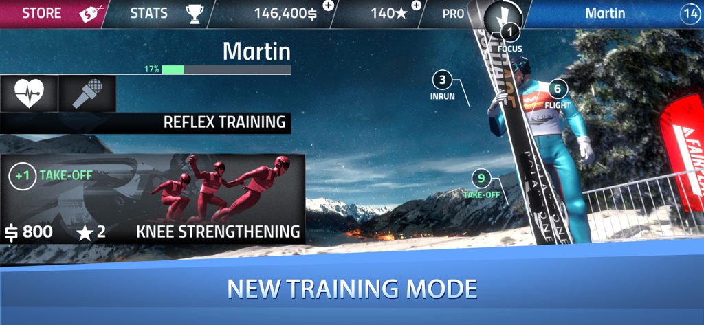 Ski Jumping Pro - Interface of the Ski Jumping Pro training mode showing character statistics and skill improvement options like reflex training.