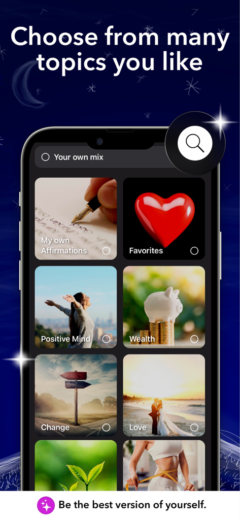 A screen in the Vision Board plus plus app displaying various affirmation topics like wealth love and positive mind with beautiful thumbnail images