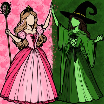 detailed realistic split of a princess and a witch