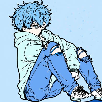 a male hoddie ripped jeans messy hair anime