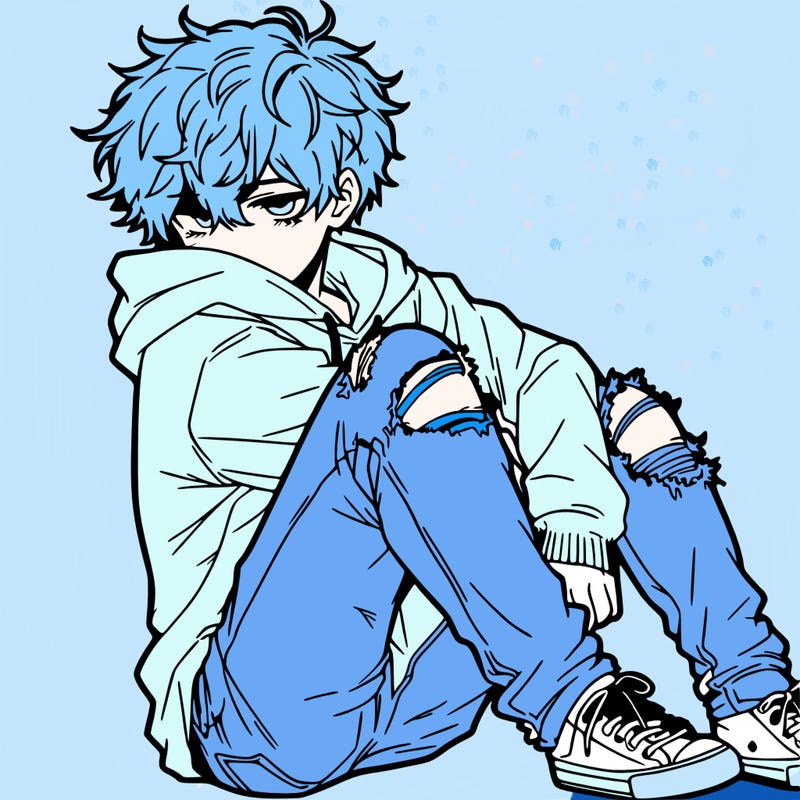 a male hoddie ripped jeans messy hair anime