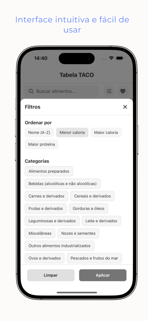 Taco Tabela - Mobile app interface showing food category filters and sorting options for nutritional composition data