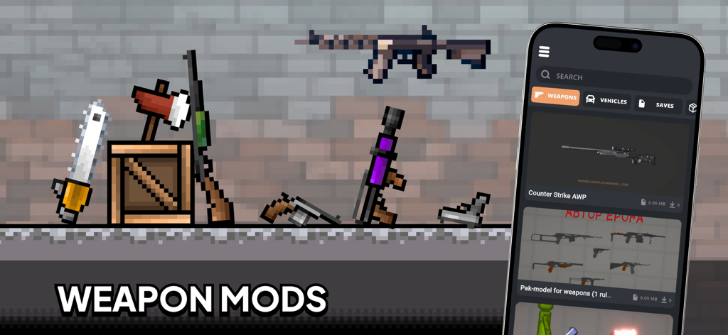 Uma interface de aplicativo móvel exibindo um catálogo de mods de armas para Melon Playground, incluindo rifles e ferramentas em pixel art.