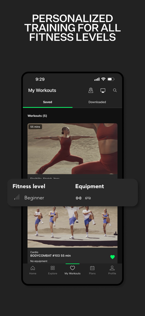 A mobile interface of the LES MILLS plus app showing personalized training options for beginner fitness levels and equipment filters.