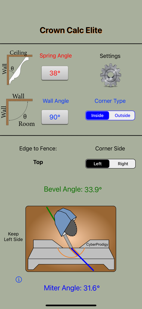 Crown Calc Elite - Crown Calc Elite app interface with miter and bevel angle calculations