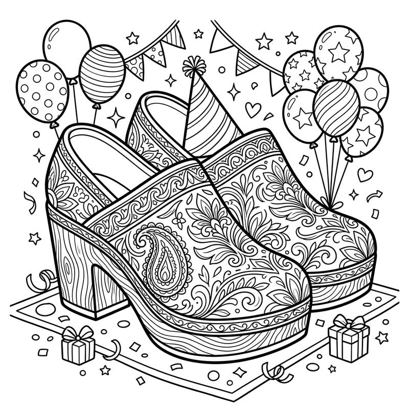 Step into celebration with this delightful coloring page featuring beautifully patterned clogs adorned for a birthday party. Designed with clear lines and elegant details, it offers a relaxing and engaging artistic experience.